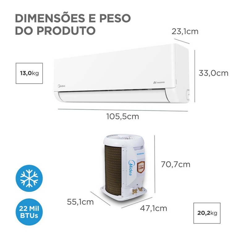 Imagem do produto Ar Condicionado Split 22000 BTUs Inverter AI AirVolution Frio Midea 42EFVCB22M5x38TAVCB22M5 220V Imagem do produto Ar Condicionado Split 22000 BTUs Inverter AI AirVolution Frio Midea 42EFVCB22M5x38TAVCB22M5 220V