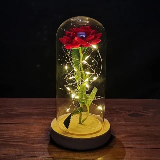 Decoração Galaxy Rose Flor Artificial com Luz LED Cúpula de Vidro Vermelho